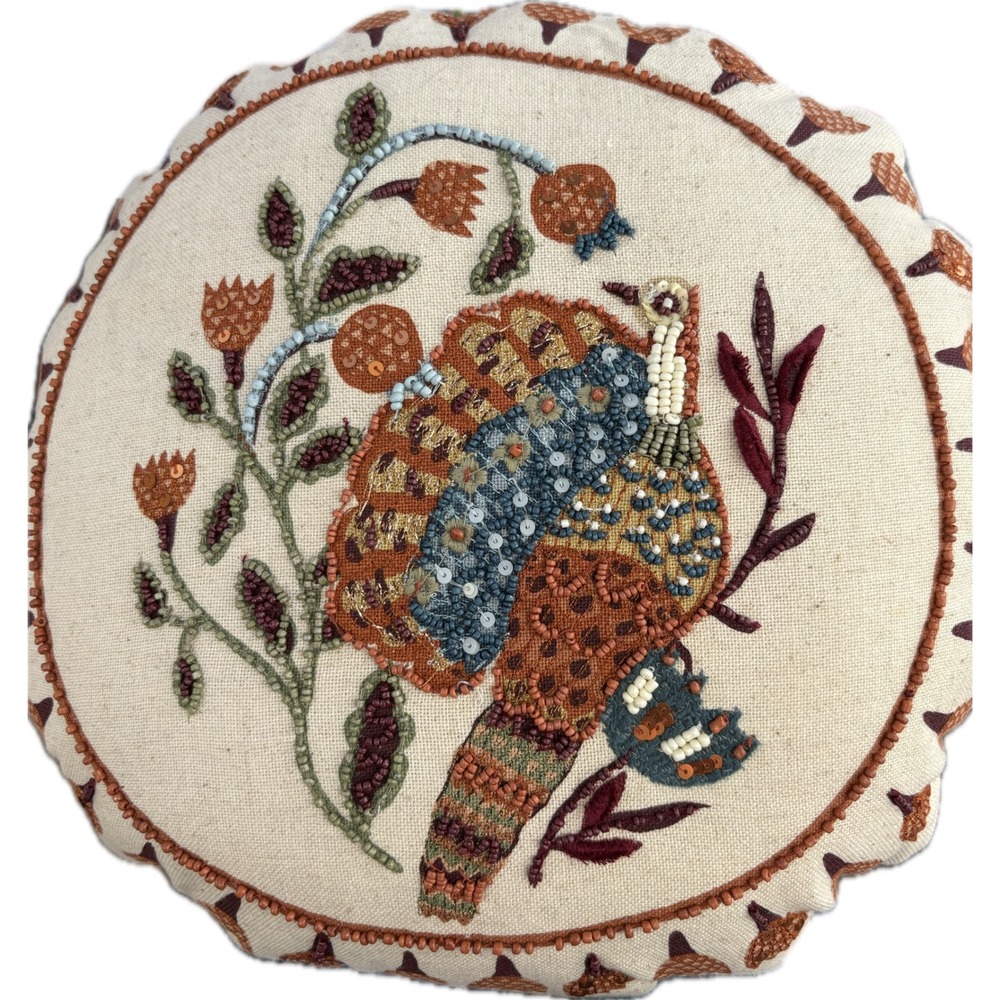 Beaded Bird‎ Embroidered Round Throw Pillow Boho Autumnal Decorative Accent